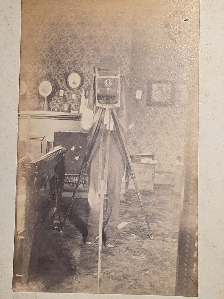 Antique Board-Mounted "Selfie" Photograph of a Large Format Camera on Tripod in a Domestic Interior, Mirror Self-Portrait, Ex-Album Page with Photograph of a Vacant Lot with Buildings on Verso
