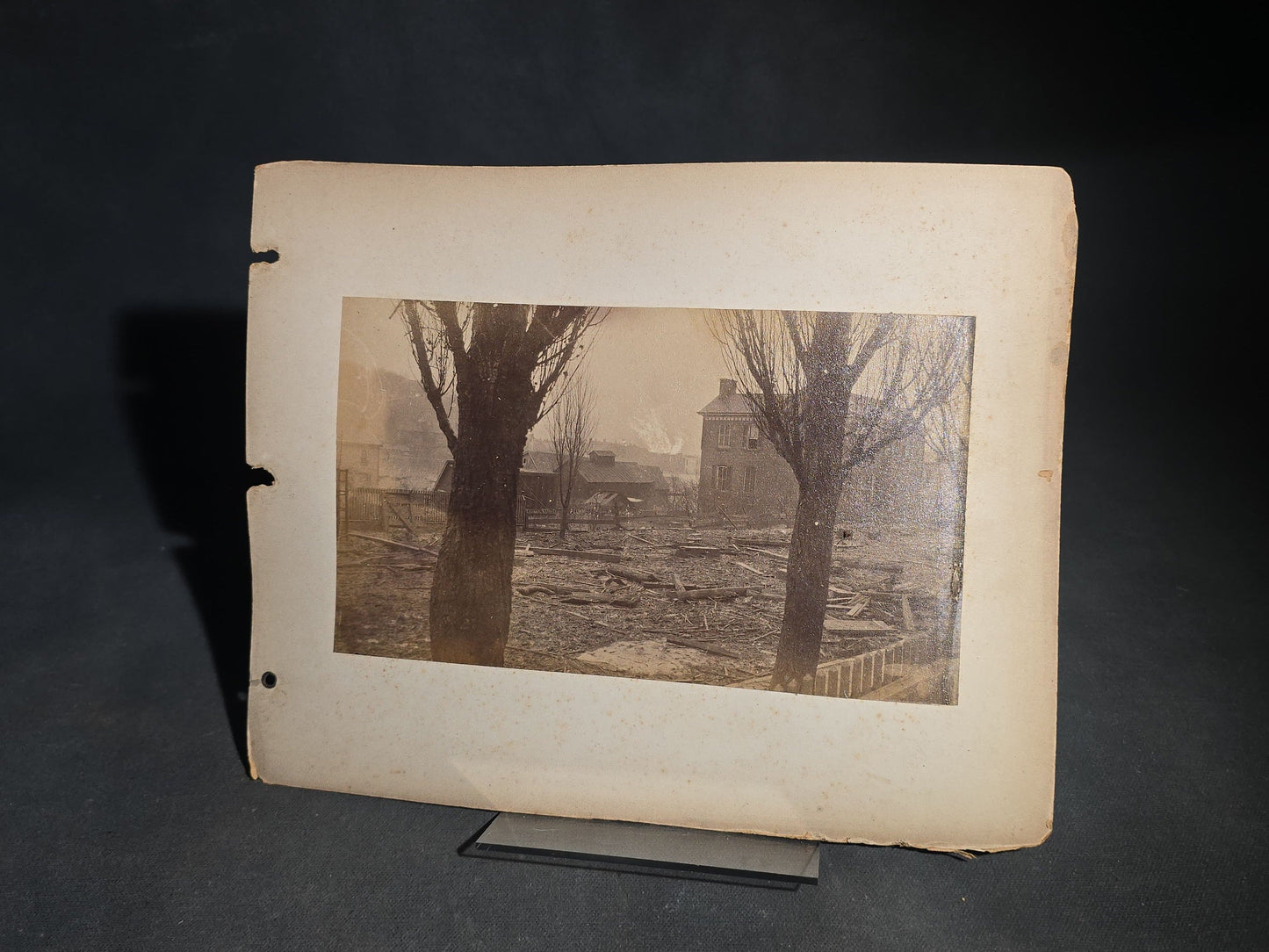 Antique Board-Mounted "Selfie" Photograph of a Large Format Camera on Tripod in a Domestic Interior, Mirror Self-Portrait, Ex-Album Page with Photograph of a Vacant Lot with Buildings on Verso