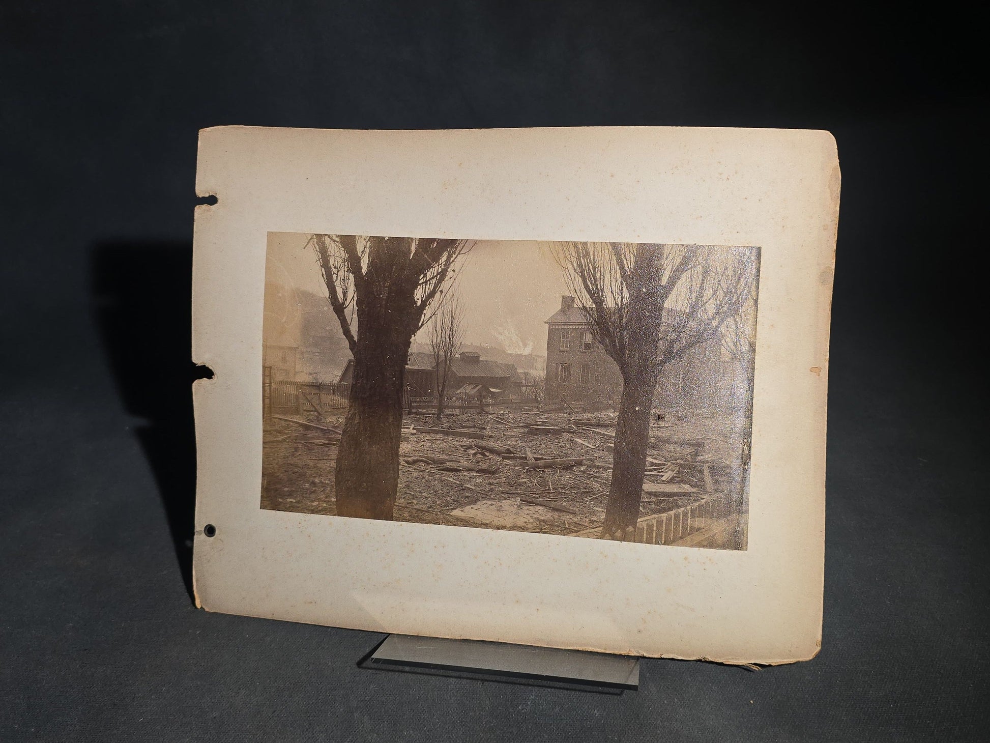 Antique Board-Mounted "Selfie" Photograph of a Large Format Camera on Tripod in a Domestic Interior, Mirror Self-Portrait, Ex-Album Page with Photograph of a Vacant Lot with Buildings on Verso