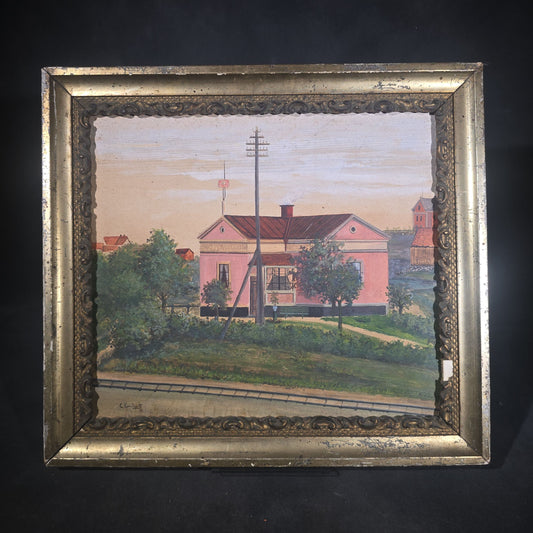 Antique Folk Art Oil Painting on Board, Village Scene with Railroad Tracks and Early Telephone Pole, Signed C. Lundquist, 1893, in Gilt Frame by J.H. Van Auken, Boston, Massachusetts