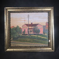 Lot 027 - Antique Folk Art Oil Painting on Board, Village Scene with Railroad Tracks and Early Telephone Pole, Signed C. Lundquist, 1893, in Gilt Frame by J.H. Van Auken, Boston, Massachusetts, 14-7/8" W x 13-1/2" H
