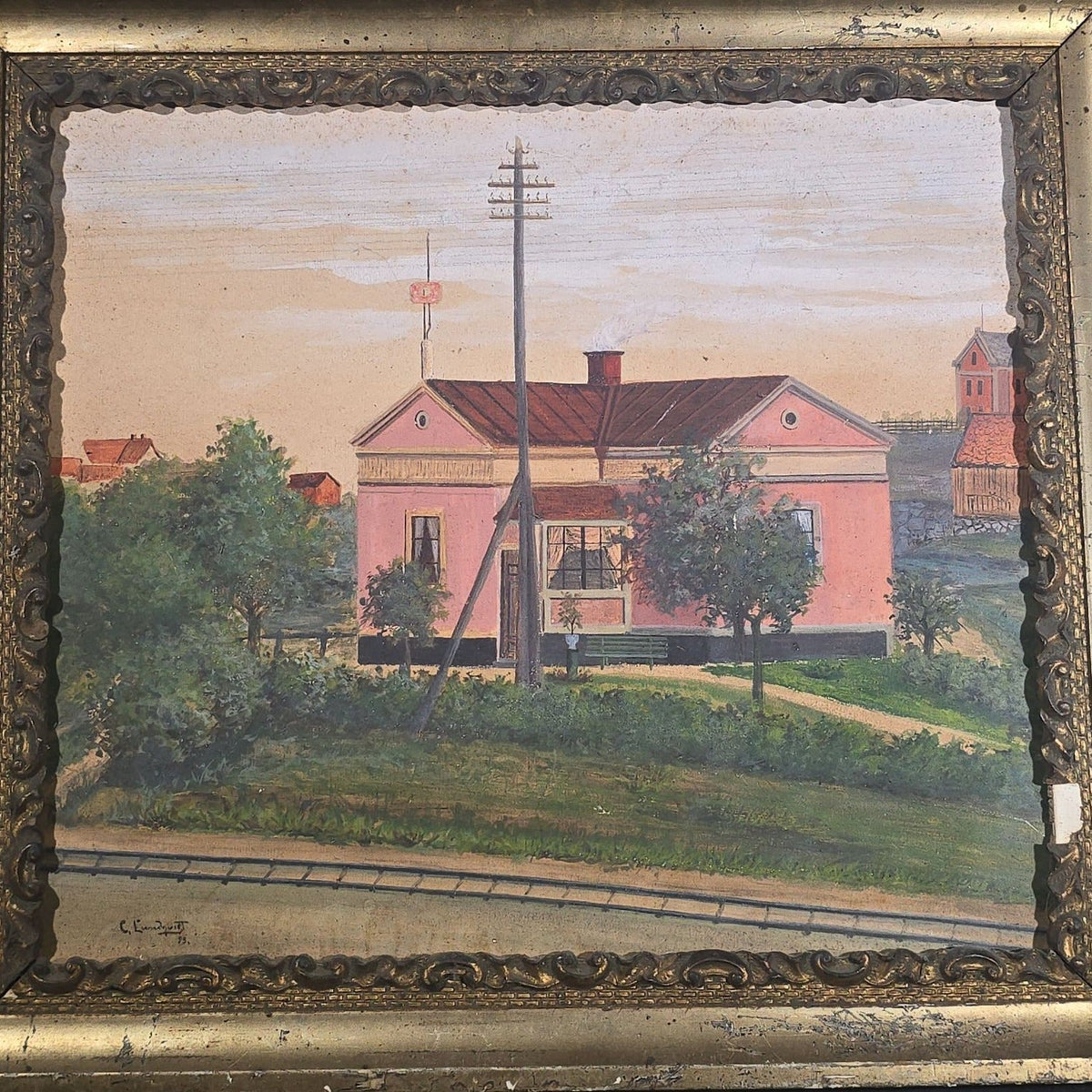 Antique Folk Art Oil Painting on Board, Village Scene with Railroad Tracks and Early Telephone Pole, Signed C. Lundquist, 1893, in Gilt Frame by J.H. Van Auken, Boston, Massachusetts