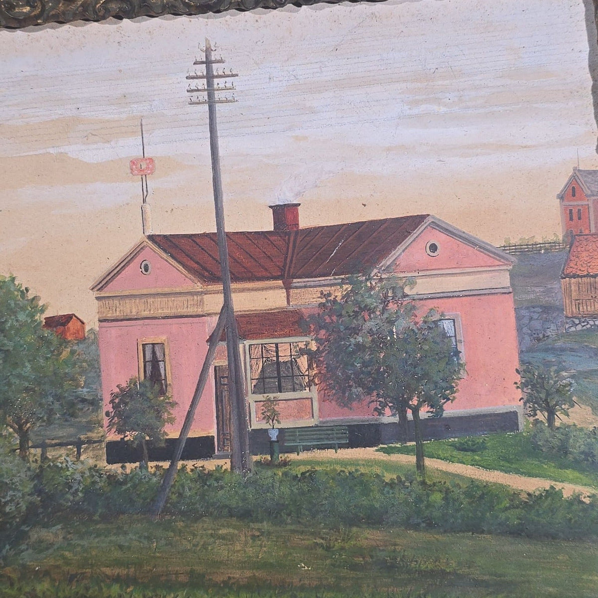 Antique Folk Art Oil Painting on Board, Village Scene with Railroad Tracks and Early Telephone Pole, Signed C. Lundquist, 1893, in Gilt Frame by J.H. Van Auken, Boston, Massachusetts