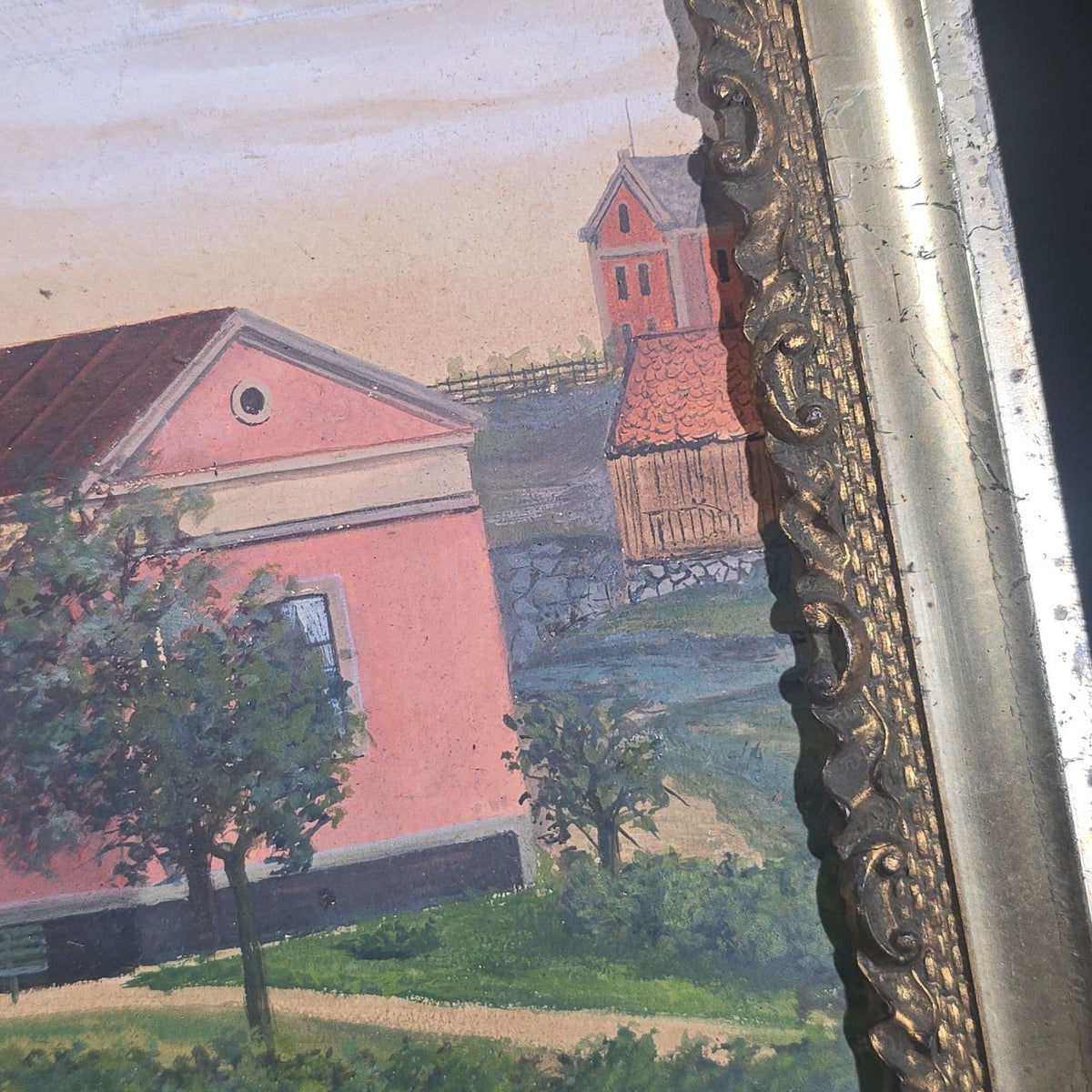 Antique Folk Art Oil Painting on Board, Village Scene with Railroad Tracks and Early Telephone Pole, Signed C. Lundquist, 1893, in Gilt Frame by J.H. Van Auken, Boston, Massachusetts