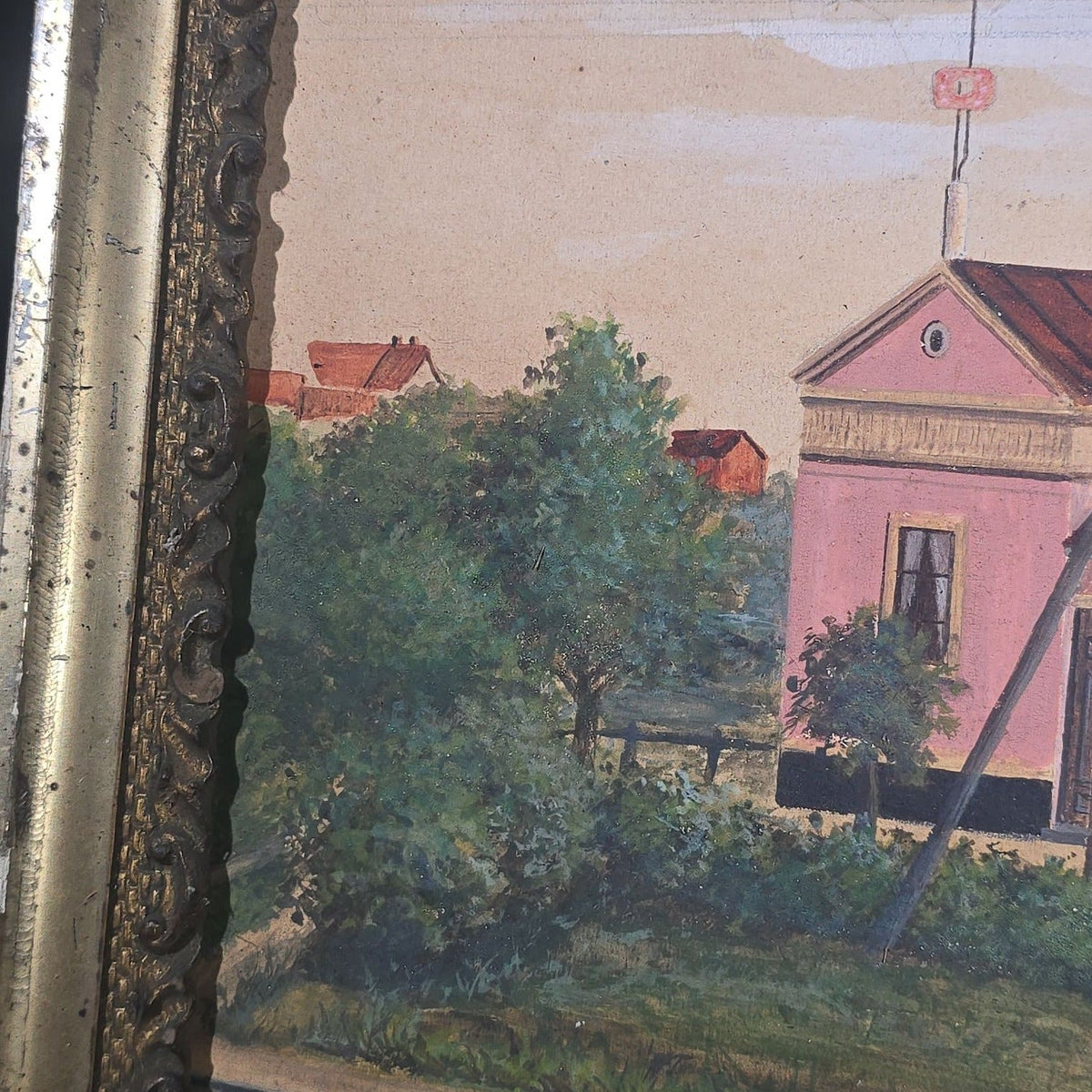 Antique Folk Art Oil Painting on Board, Village Scene with Railroad Tracks and Early Telephone Pole, Signed C. Lundquist, 1893, in Gilt Frame by J.H. Van Auken, Boston, Massachusetts