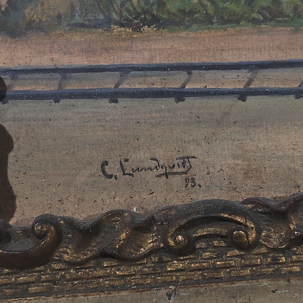 Antique Folk Art Oil Painting on Board, Village Scene with Railroad Tracks and Early Telephone Pole, Signed C. Lundquist, 1893, in Gilt Frame by J.H. Van Auken, Boston, Massachusetts