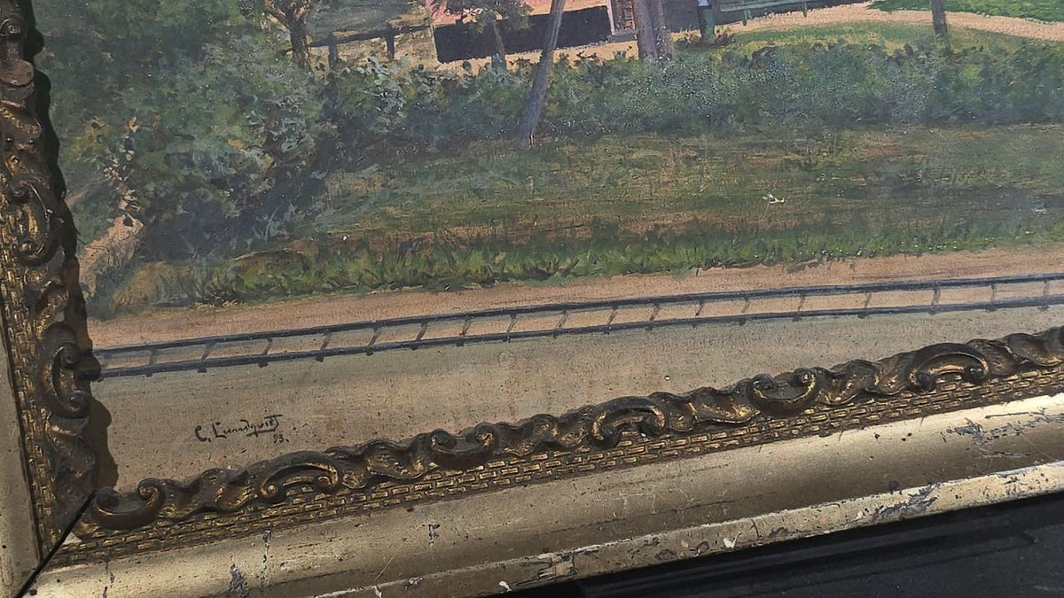 Antique Folk Art Oil Painting on Board, Village Scene with Railroad Tracks and Early Telephone Pole, Signed C. Lundquist, 1893, in Gilt Frame by J.H. Van Auken, Boston, Massachusetts