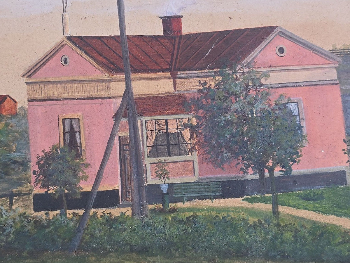 Antique Folk Art Oil Painting on Board, Village Scene with Railroad Tracks and Early Telephone Pole, Signed C. Lundquist, 1893, in Gilt Frame by J.H. Van Auken, Boston, Massachusetts