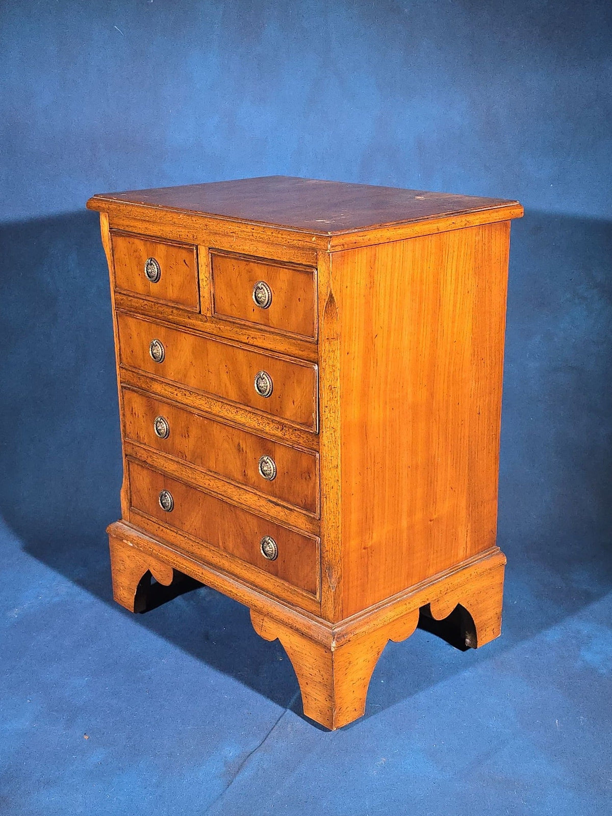 Vintage Georgian-Style Miniature Chest of Drawers with Crossbanded Top and Bracket Feet
