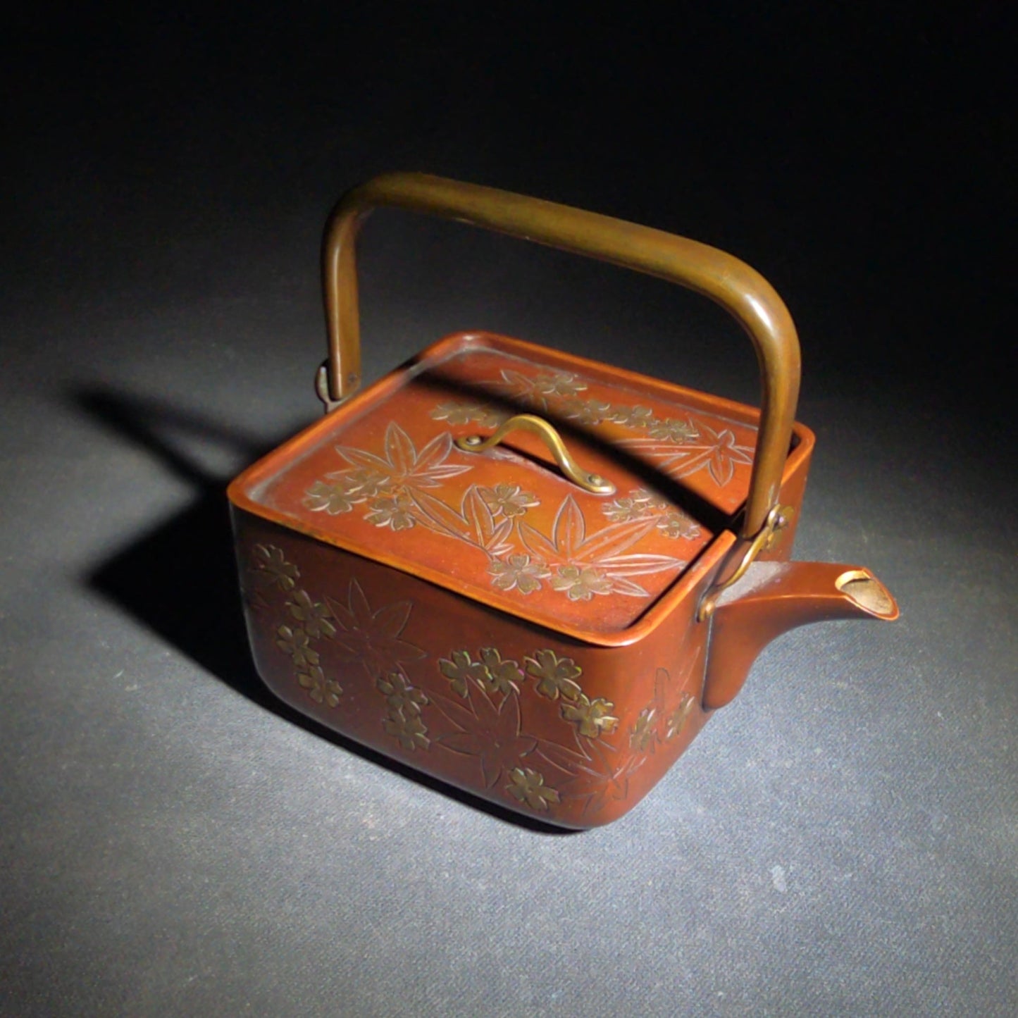 Vintage Japanese Hand-Hammered Red Copper Square Choshi Sake Vessel with Chased Maple Leaf Design and Gold-Lined Interior