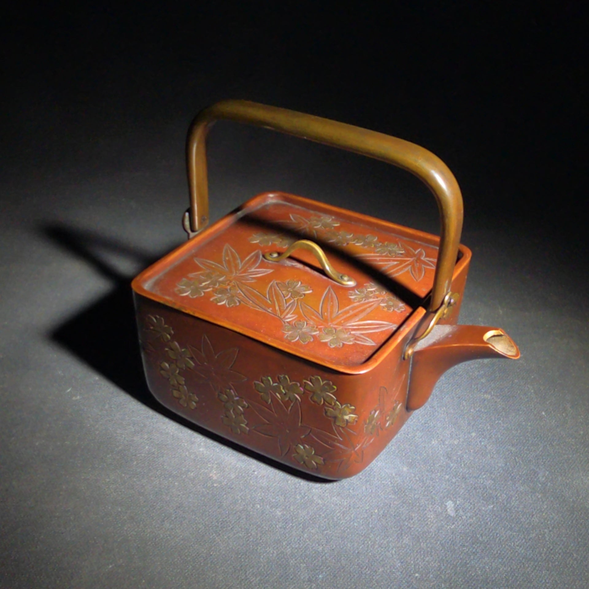 Vintage Japanese Hand-Hammered Red Copper Square Choshi Sake Vessel with Chased Maple Leaf Design and Gold-Lined Interior