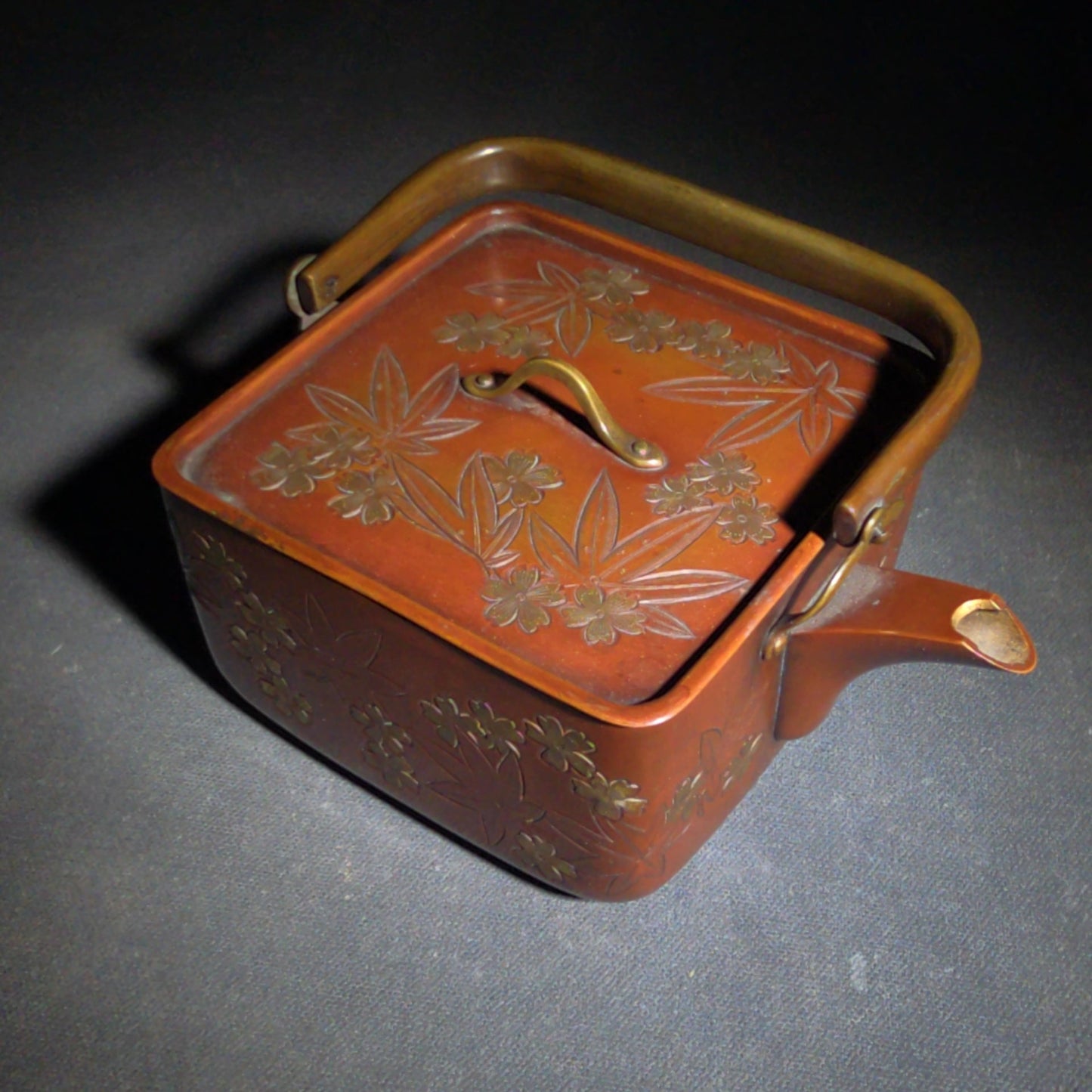 Vintage Japanese Hand-Hammered Red Copper Square Choshi Sake Vessel with Chased Maple Leaf Design and Gold-Lined Interior
