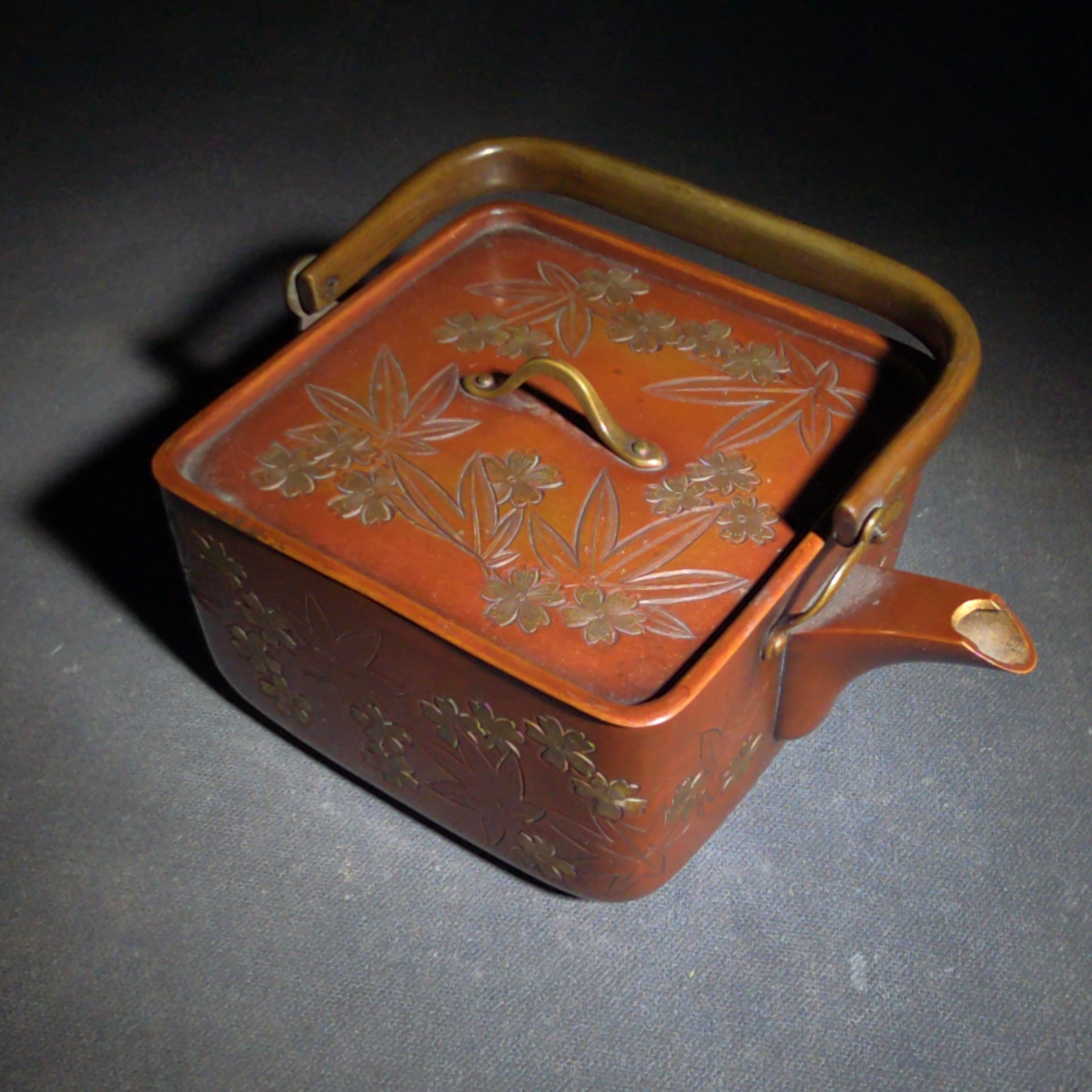 Vintage Japanese Hand-Hammered Red Copper Square Choshi Sake Vessel with Chased Maple Leaf Design and Gold-Lined Interior