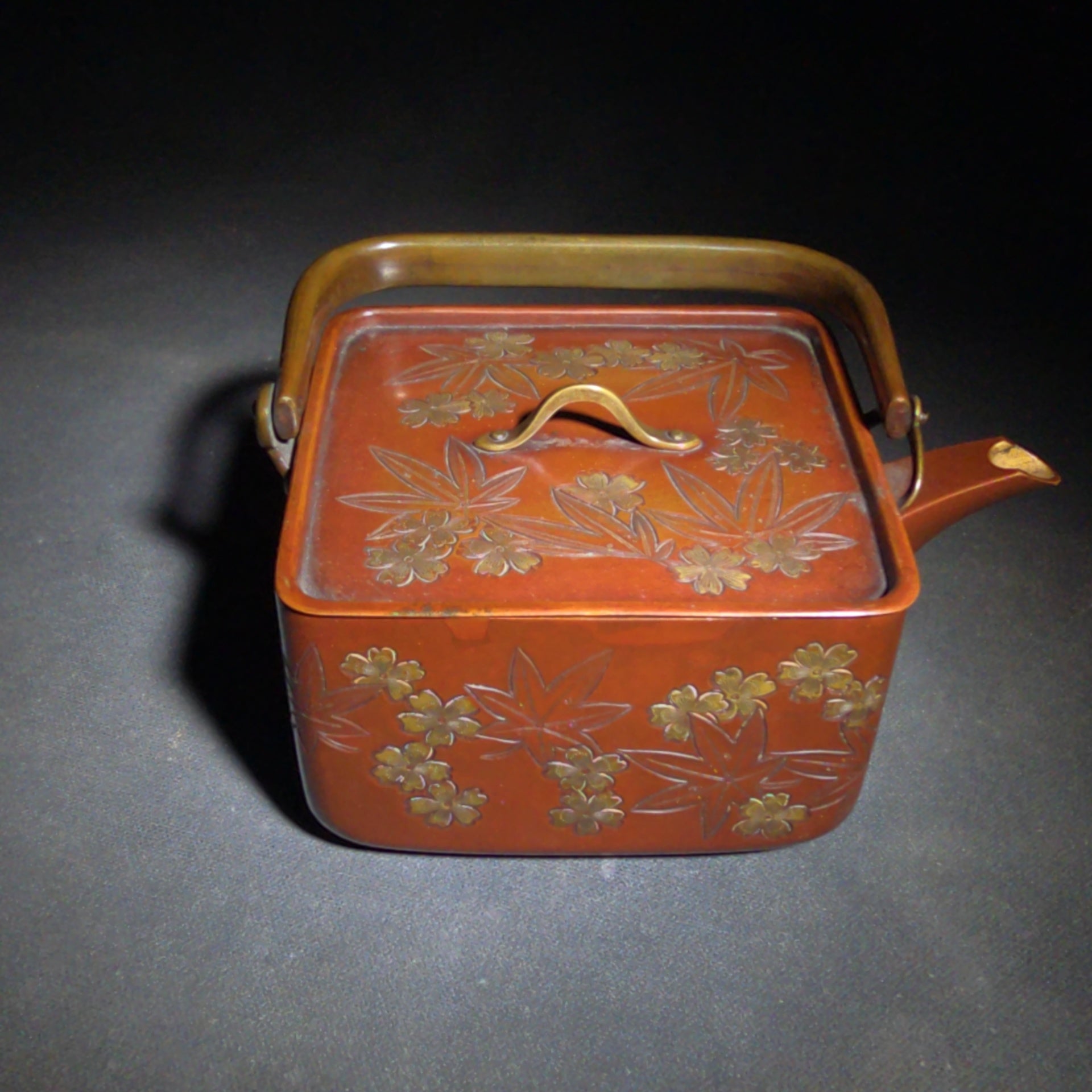 Vintage Japanese Hand-Hammered Red Copper Square Choshi Sake Vessel with Chased Maple Leaf Design and Gold-Lined Interior