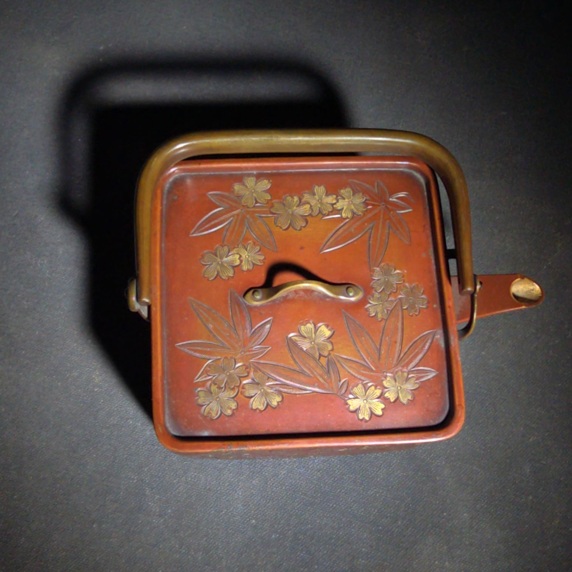Vintage Japanese Hand-Hammered Red Copper Square Choshi Sake Vessel with Chased Maple Leaf Design and Gold-Lined Interior