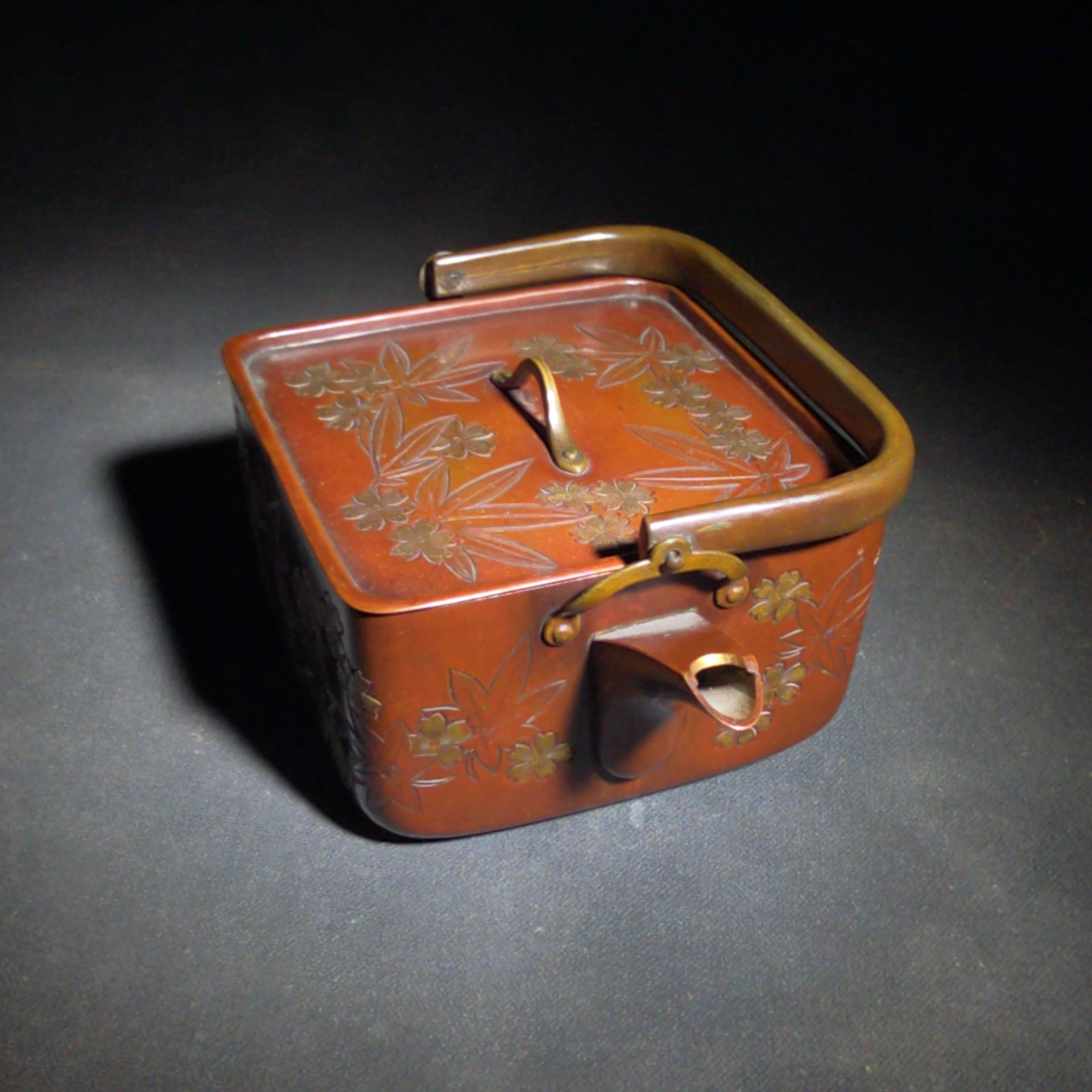 Vintage Japanese Hand-Hammered Red Copper Square Choshi Sake Vessel with Chased Maple Leaf Design and Gold-Lined Interior