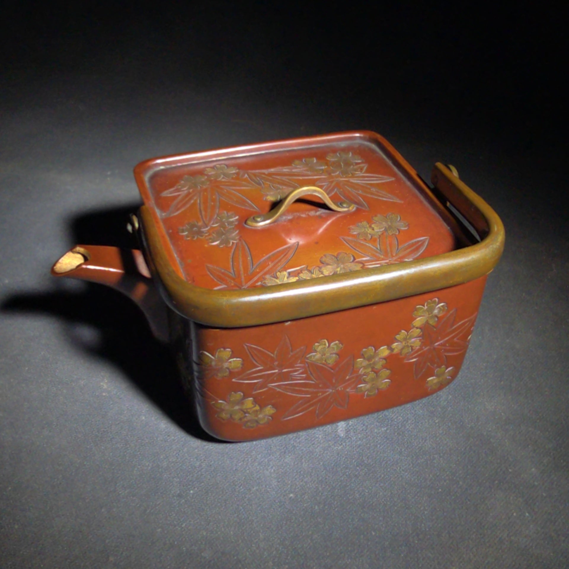 Vintage Japanese Hand-Hammered Red Copper Square Choshi Sake Vessel with Chased Maple Leaf Design and Gold-Lined Interior