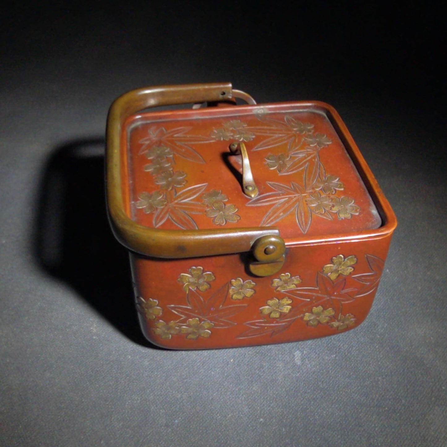 Vintage Japanese Hand-Hammered Red Copper Square Choshi Sake Vessel with Chased Maple Leaf Design and Gold-Lined Interior