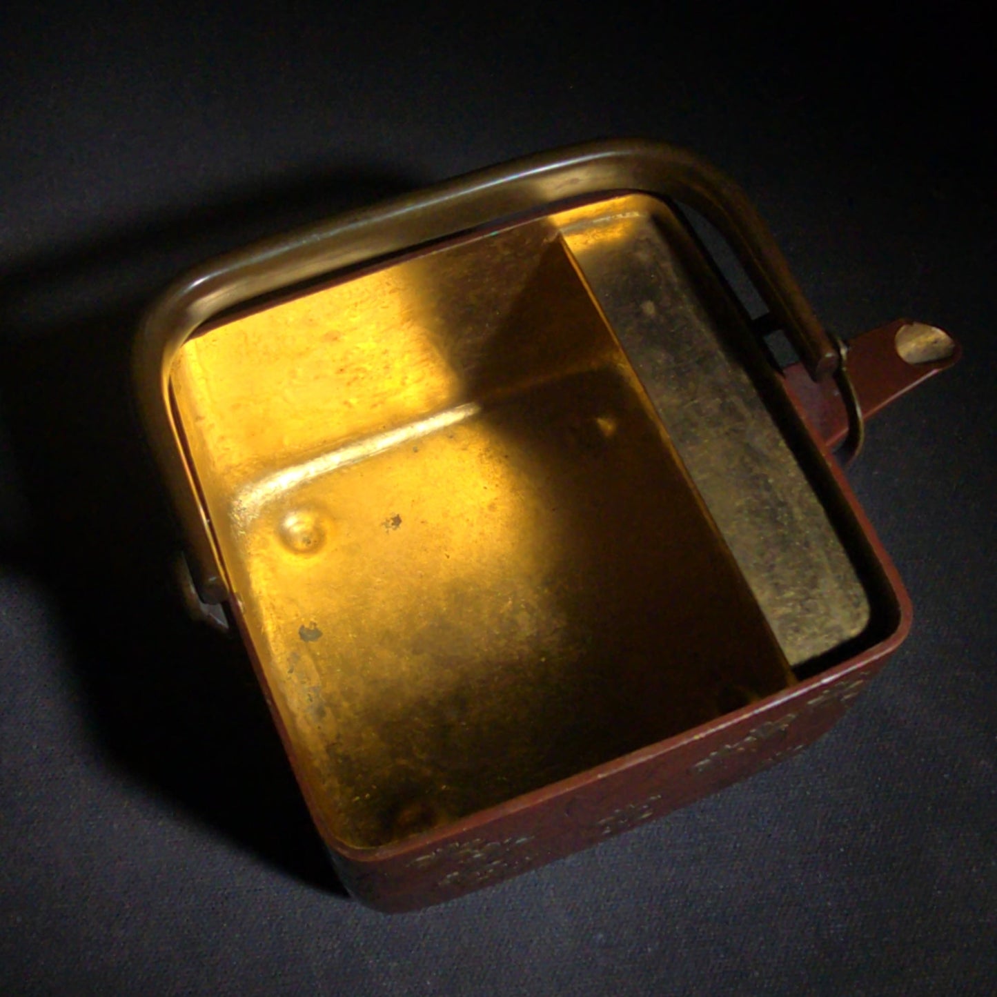 Vintage Japanese Hand-Hammered Red Copper Square Choshi Sake Vessel with Chased Maple Leaf Design and Gold-Lined Interior