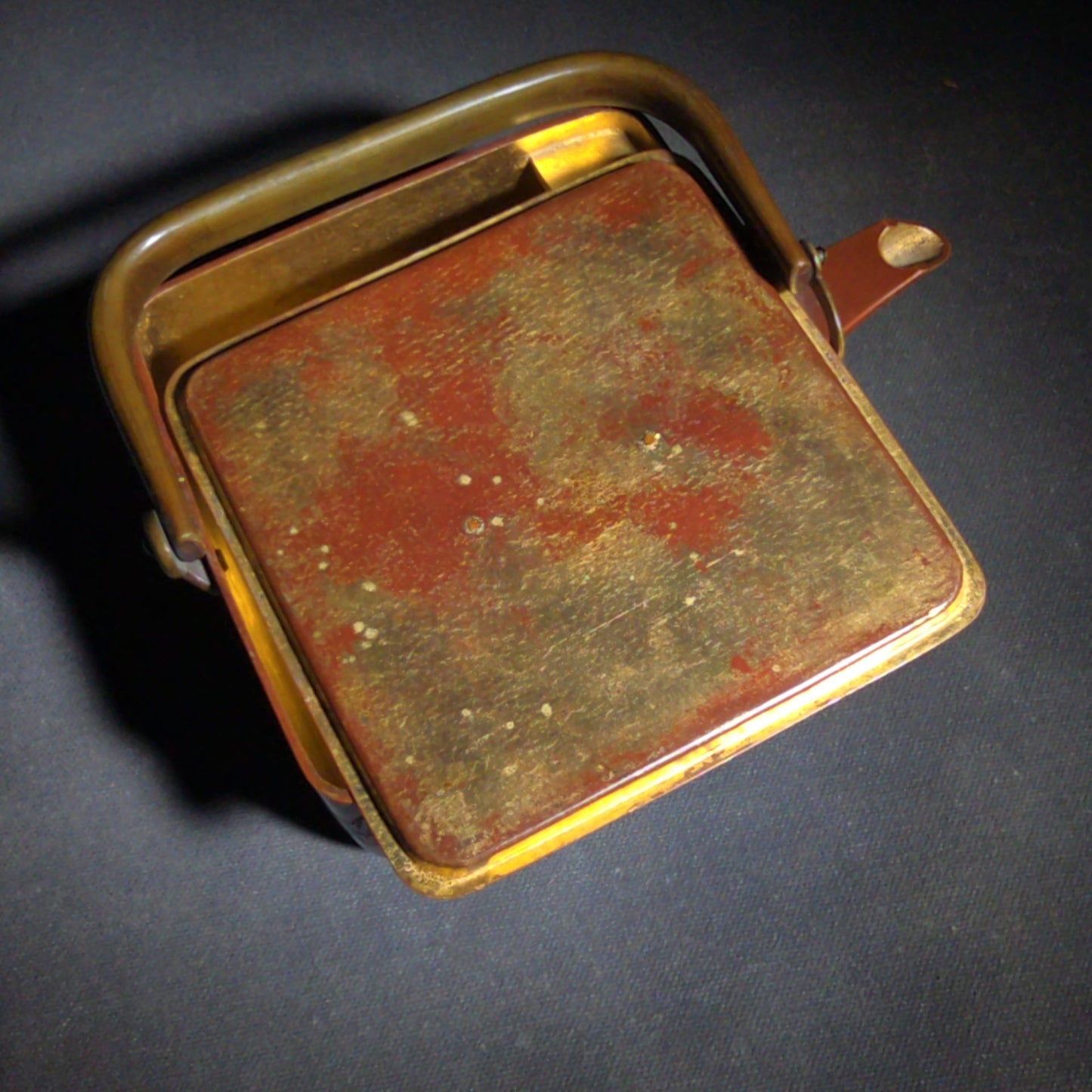 Vintage Japanese Hand-Hammered Red Copper Square Choshi Sake Vessel with Chased Maple Leaf Design and Gold-Lined Interior