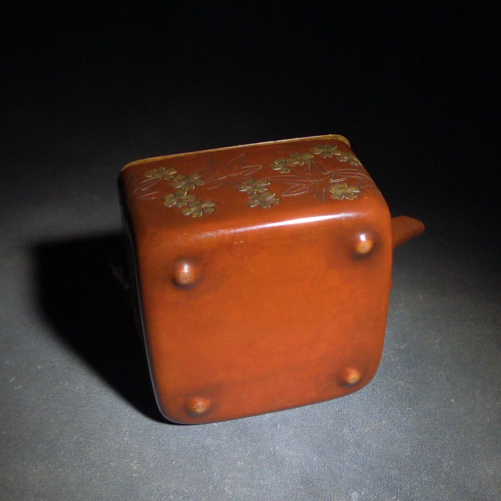 Vintage Japanese Hand-Hammered Red Copper Square Choshi Sake Vessel with Chased Maple Leaf Design and Gold-Lined Interior