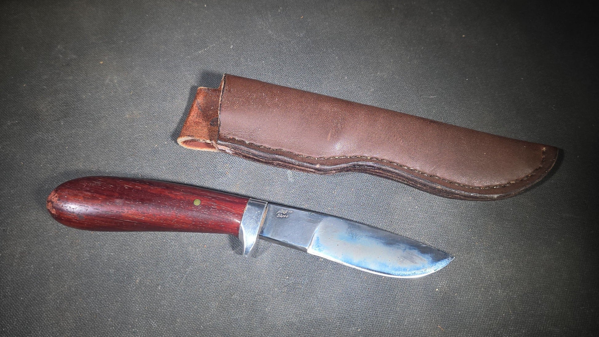 Modern Fixed-Blade Knife with Wood Handle and Leather Sheath, Marked JB 10, 52100 Steel, Circa 2010