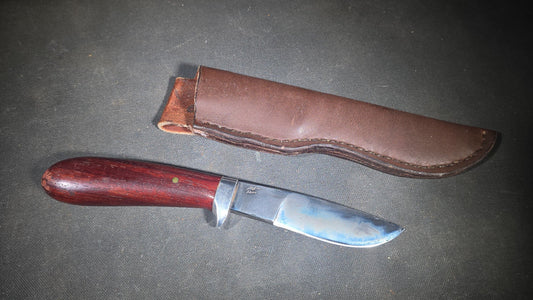Modern Fixed-Blade Knife with Wood Handle and Leather Sheath, Marked JB 10, 52100 Steel, Circa 2010
