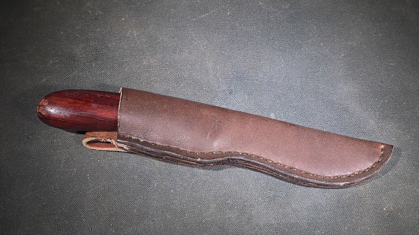 Modern Fixed-Blade Knife with Wood Handle and Leather Sheath, Marked JB 10, 52100 Steel, Circa 2010
