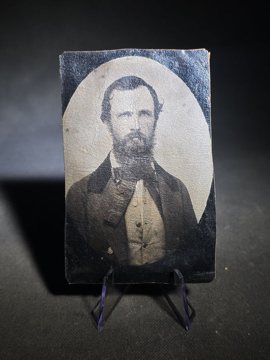 Antique Leather Panotype Photograph of a Bearded Man in Suit and Vest