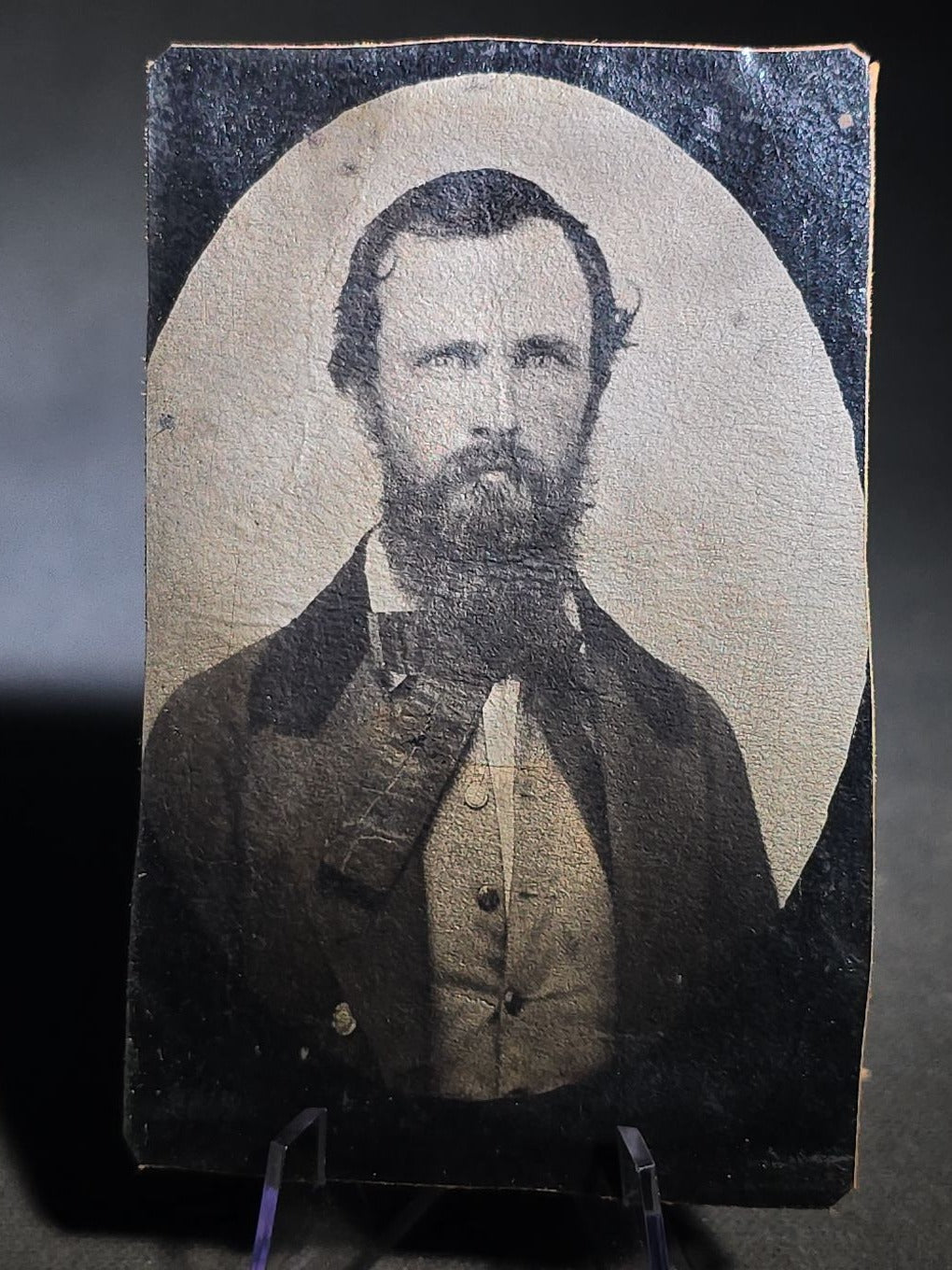 Antique Leather Panotype Photograph of a Bearded Man in Suit and Vest