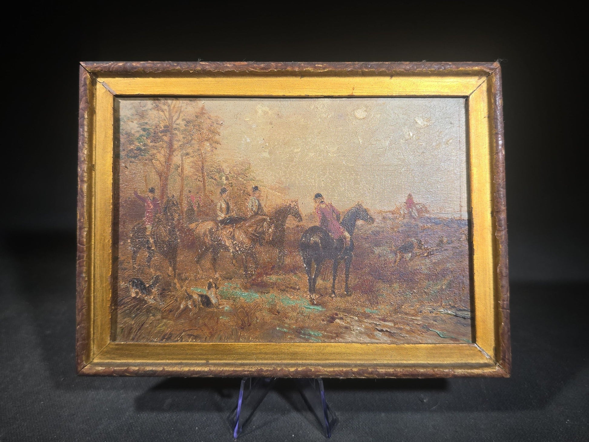 Antique Oil Painting on Board, Fox Hunt Scene with Riders on Horseback and Hounds, Framed with Label from The Picture Shop Inc., 65 Bromfield Street, Boston, Massachusetts