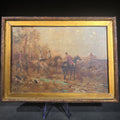 Lot 028 - Antique Oil Painting on Board, Fox Hunt Scene with Riders on Horseback and Hounds, Framed with Label from the Picture Shop Inc., 65 Bromfield Street, Boston, Massachusetts, 6-1/2" W x 4-3/4" H