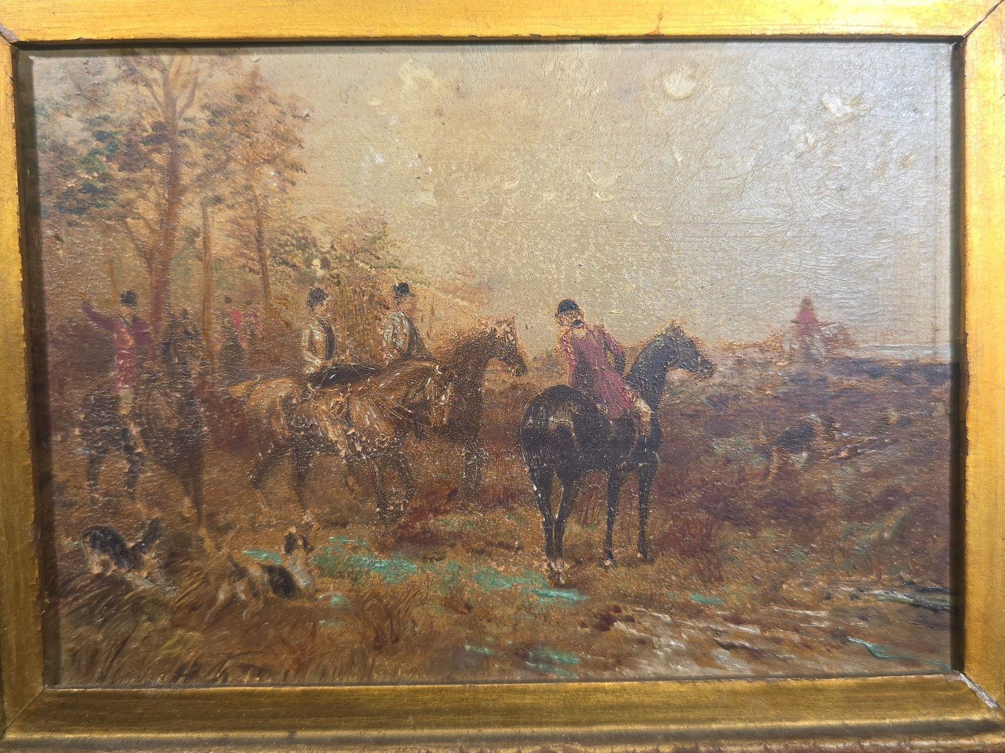 Antique Oil Painting on Board, Fox Hunt Scene with Riders on Horseback and Hounds, Framed with Label from The Picture Shop Inc., 65 Bromfield Street, Boston, Massachusetts