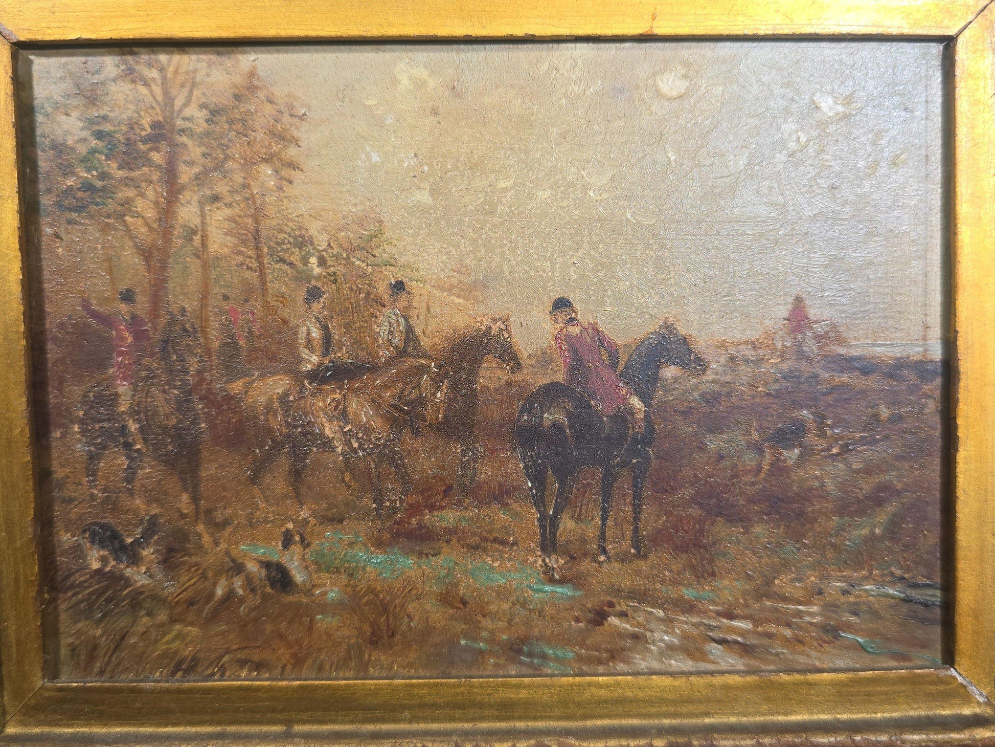 Antique Oil Painting on Board, Fox Hunt Scene with Riders on Horseback and Hounds, Framed with Label from The Picture Shop Inc., 65 Bromfield Street, Boston, Massachusetts
