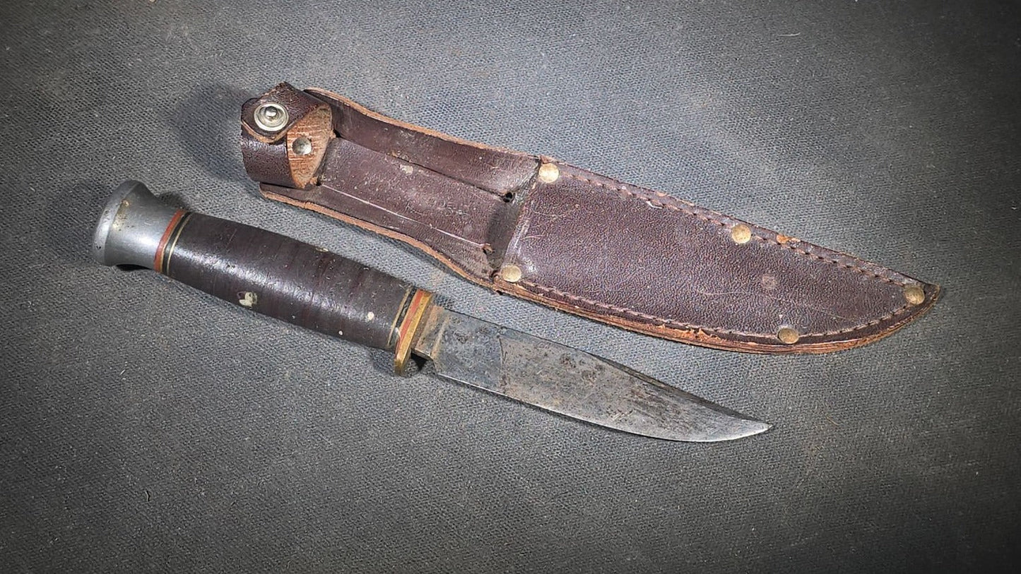 Vintage Hunting Knife with Stacked Leather Handle and Leather Sheath, Made in England