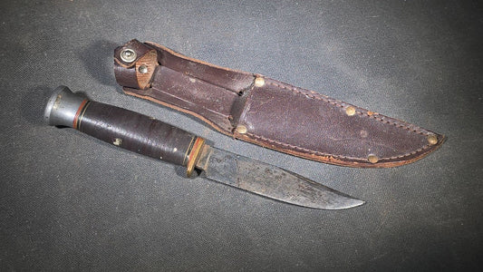 Vintage Hunting Knife with Stacked Leather Handle and Leather Sheath, Made in England