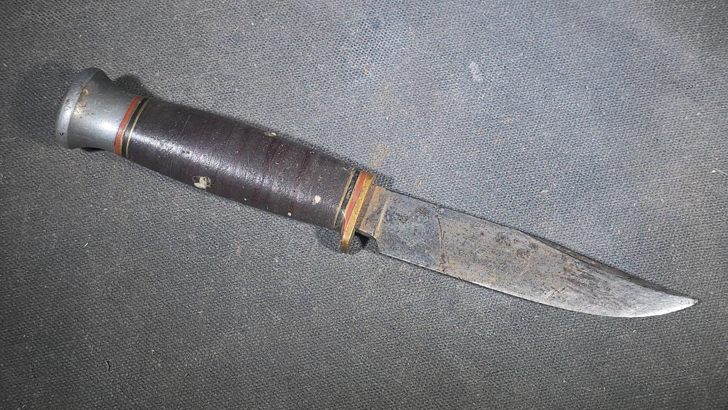 Vintage Hunting Knife with Stacked Leather Handle and Leather Sheath, Made in England