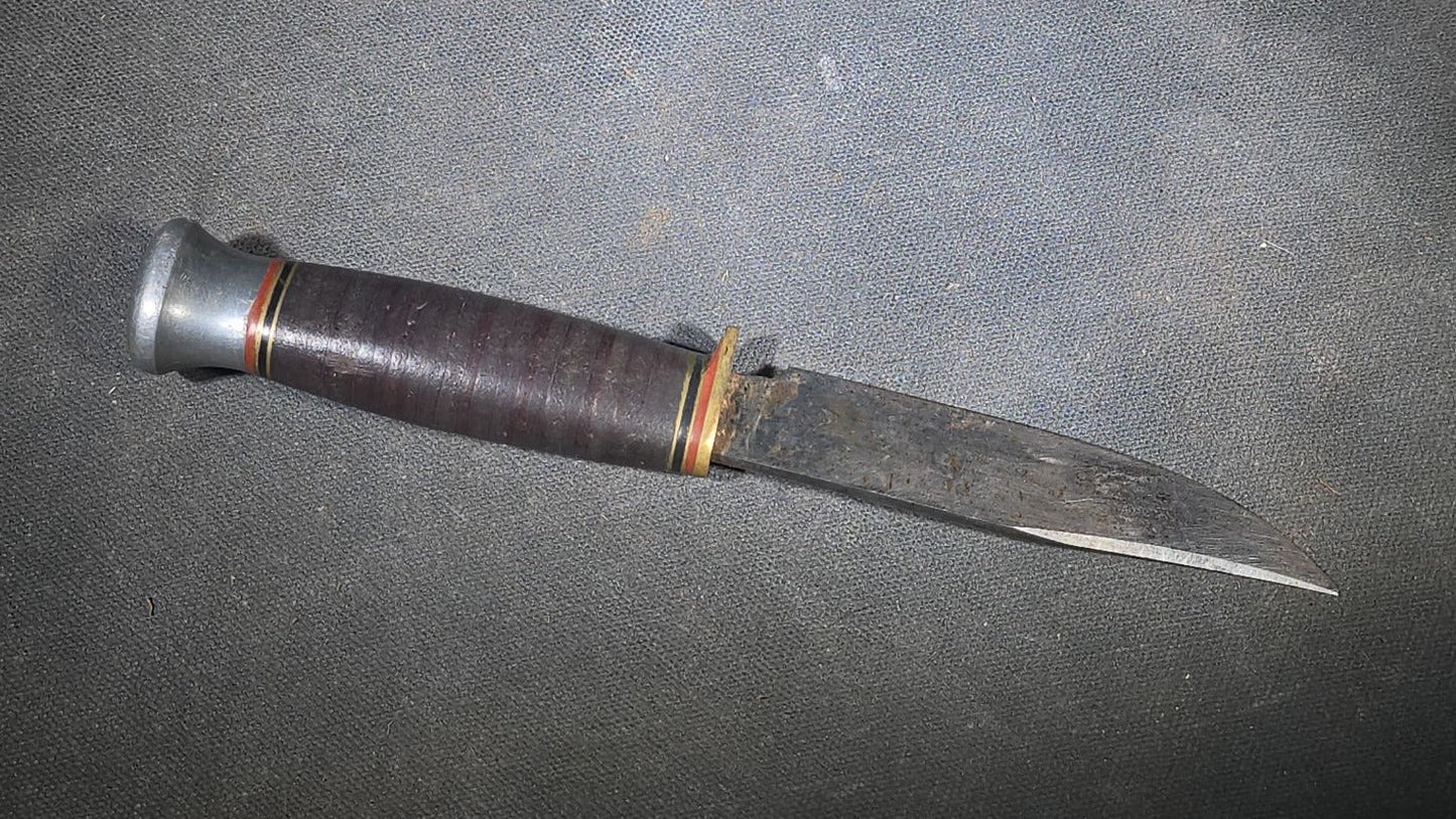 Vintage Hunting Knife with Stacked Leather Handle and Leather Sheath, Made in England