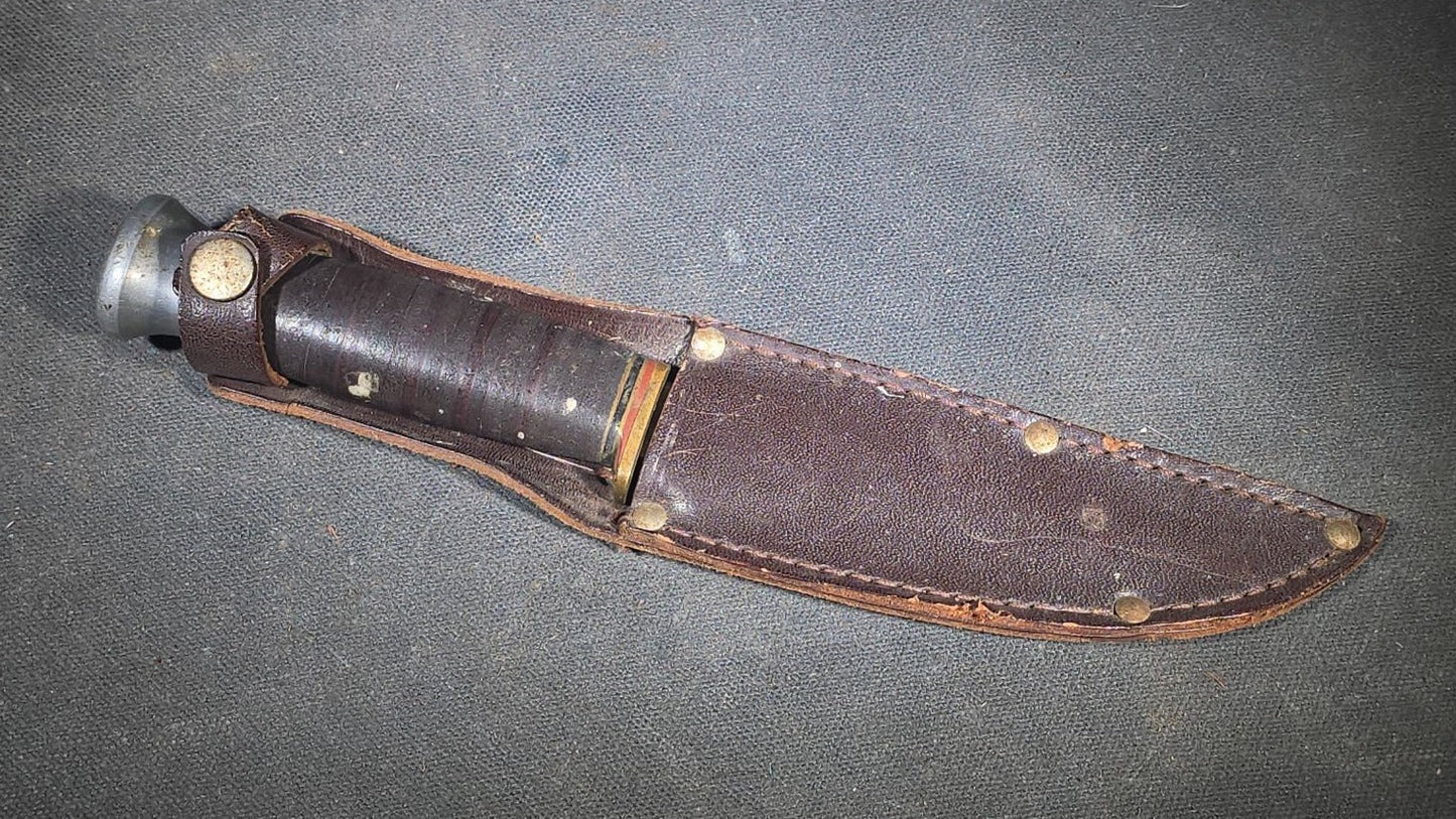 Vintage Hunting Knife with Stacked Leather Handle and Leather Sheath, Made in England