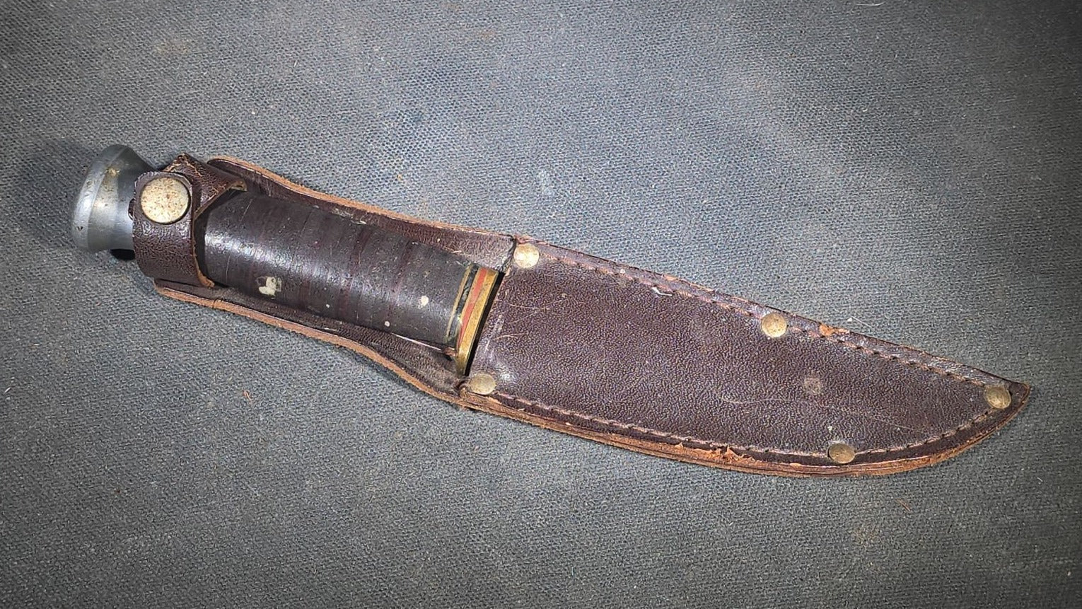 Vintage Hunting Knife with Stacked Leather Handle and Leather Sheath, Made in England