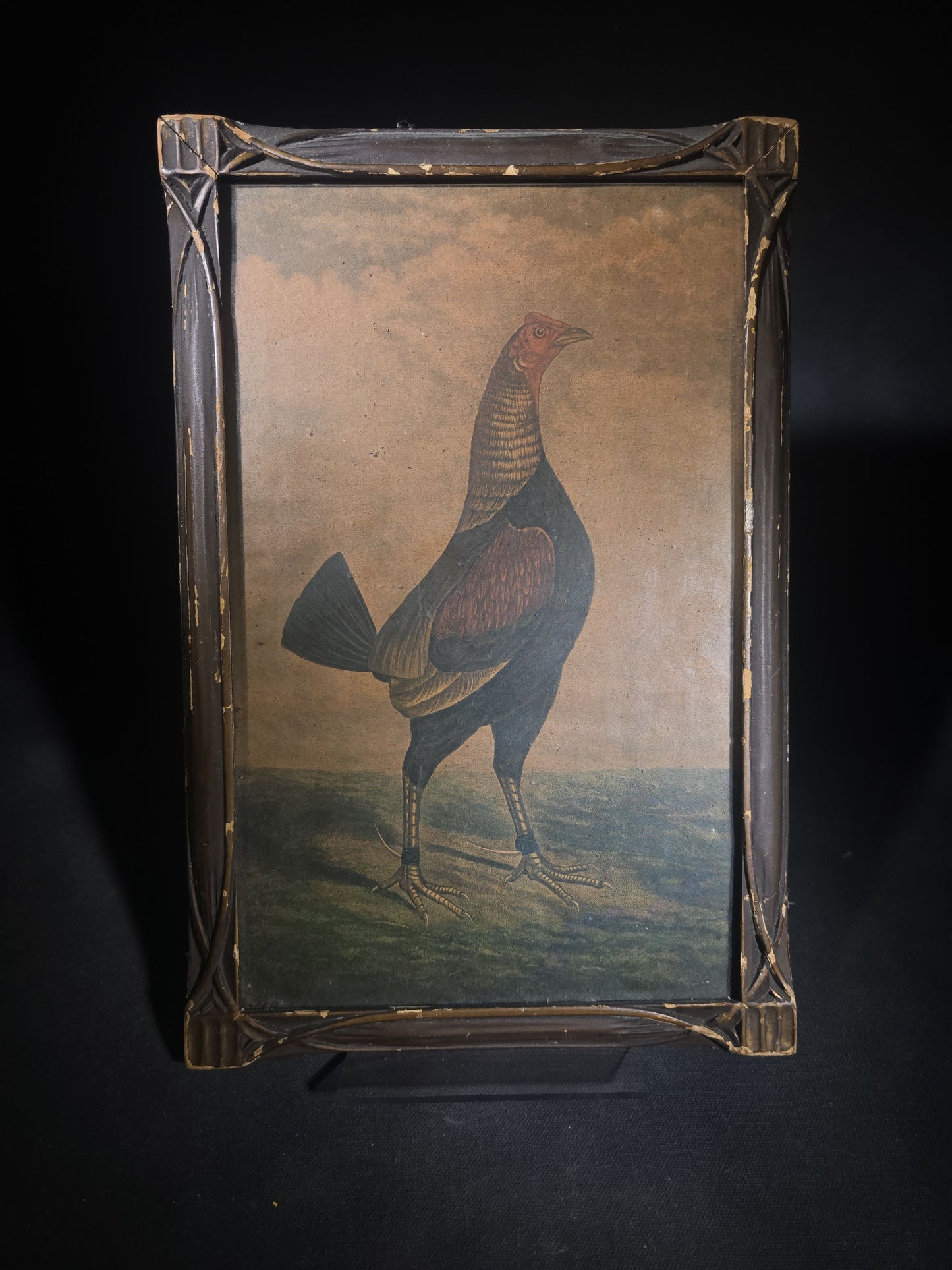 Antique Framed Chromolithograph Print of a Dubbed Cockfighting Gamecock Rooster in Landscape