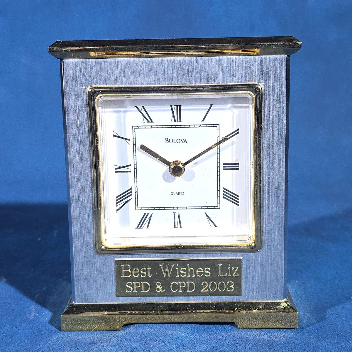Modern Bulova Quartz Desk Clock, Model B2038, Engraved 2003