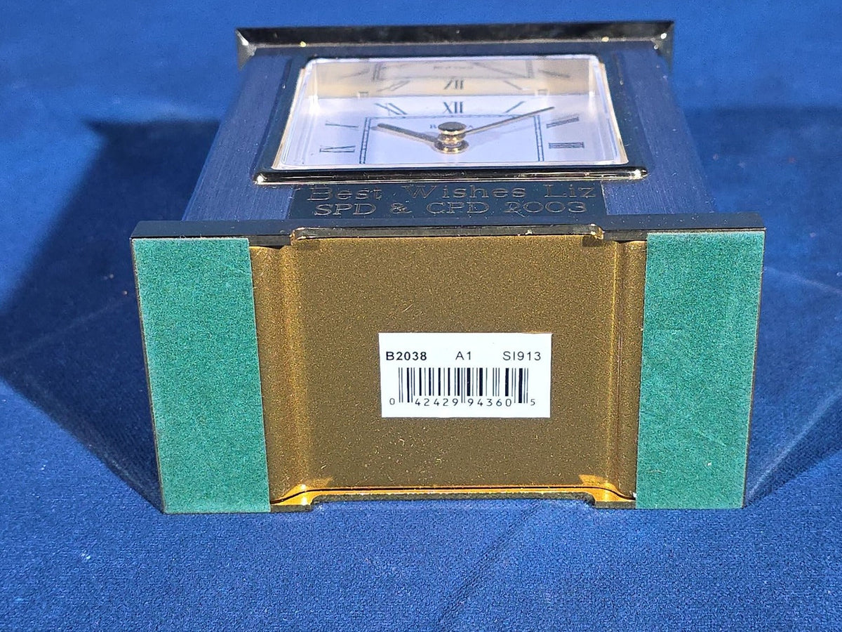 Modern Bulova Quartz Desk Clock, Model B2038, Engraved 2003