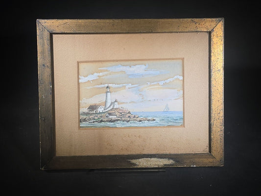 Vintage Framed Watercolor Painting on Paper, Lighthouse and Rocky Coastline with Sailboats, Signed Spear