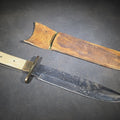 Lot 095 - Antique Bowie-Style Knife with Bone Handle Scales, Brass Crossguard, and Leather Sheath, 10-3/4" L