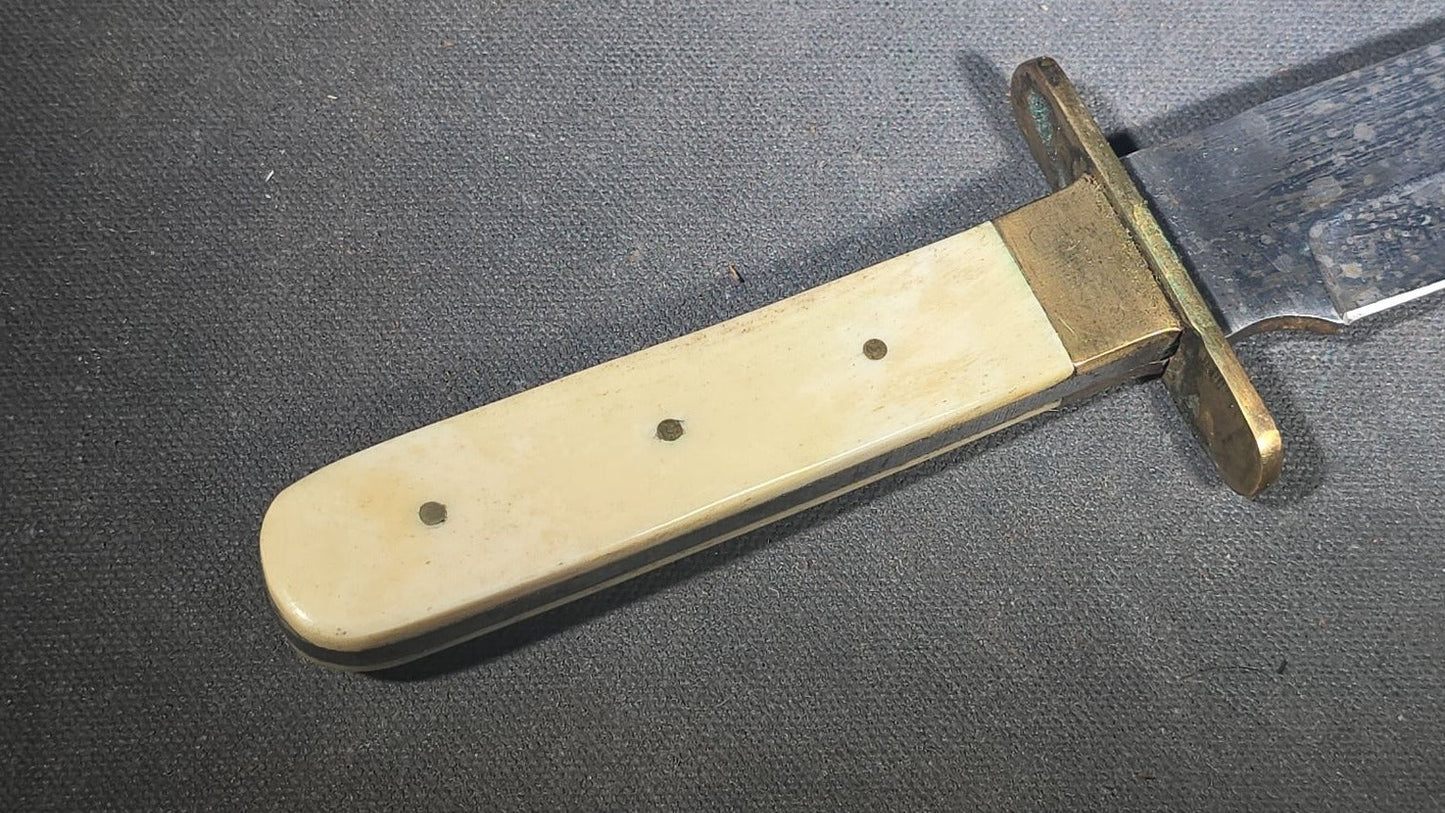Antique Bowie-Style Knife with Bone Handle Scales, Brass Crossguard, and Leather Sheath