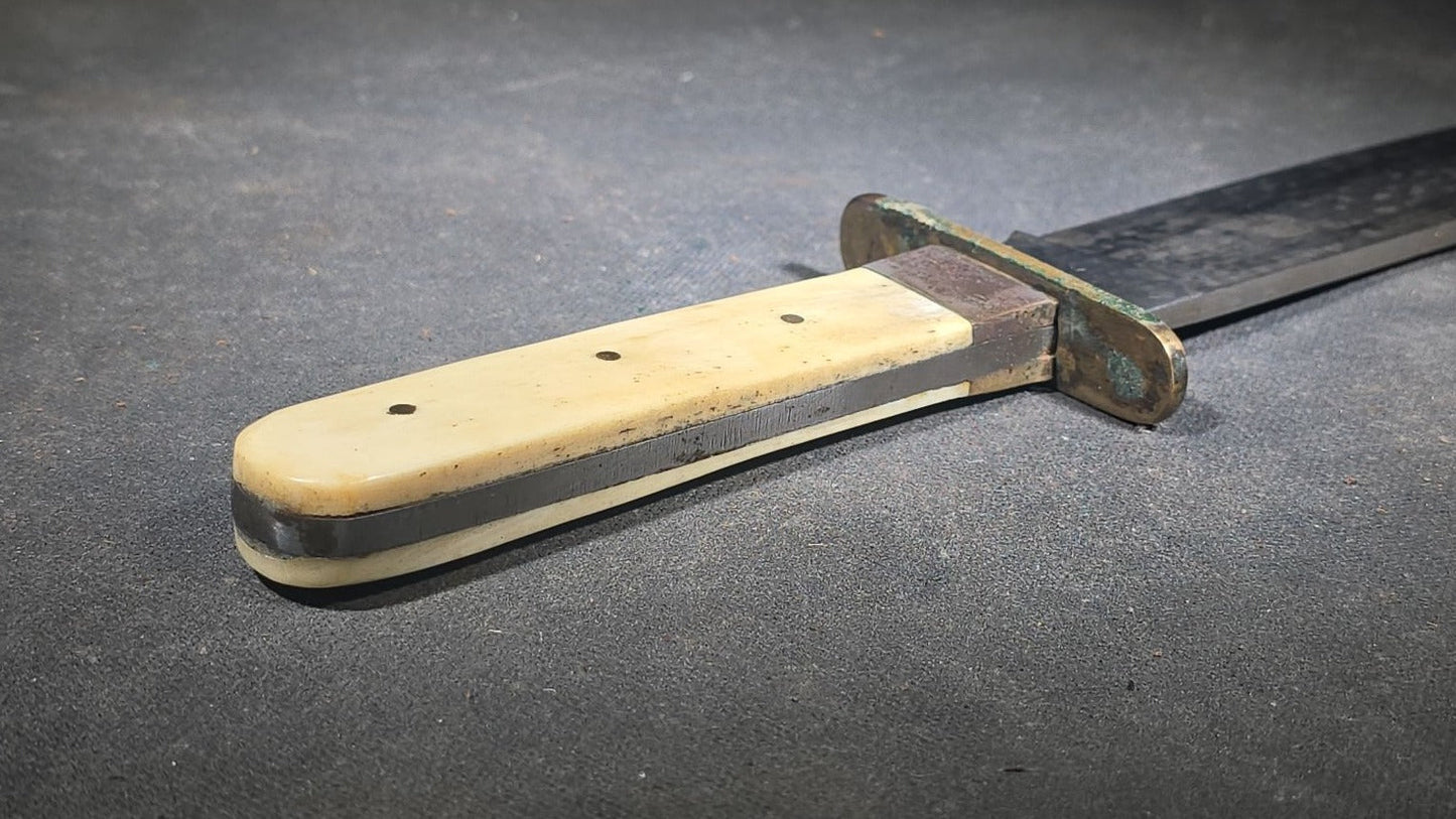 Antique Bowie-Style Knife with Bone Handle Scales, Brass Crossguard, and Leather Sheath