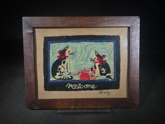 Vintage Framed Hooked Rug Mat with Two Cats Playing with a Ball of Yarn, "Welcome" Text, Signed Bailey
