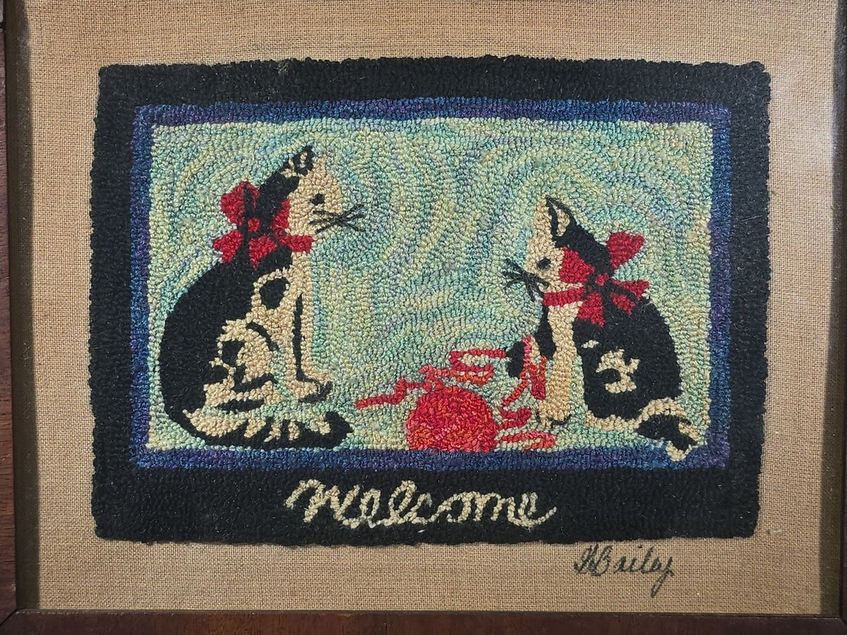Vintage Framed Hooked Rug Mat with Two Cats Playing with a Ball of Yarn, "Welcome" Text, Signed Bailey