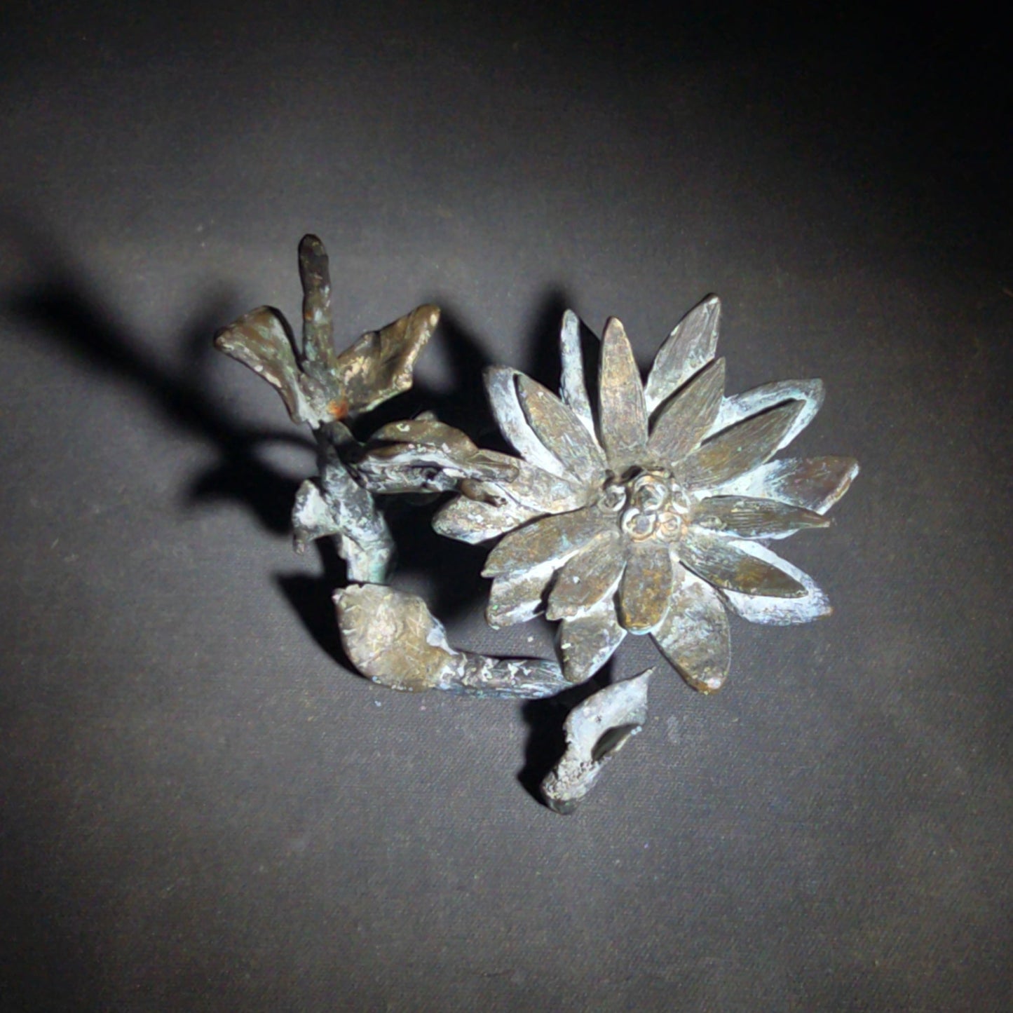 Vintage Bronze Floral Sculpture Stand with Open Bloom and Leafy Branch